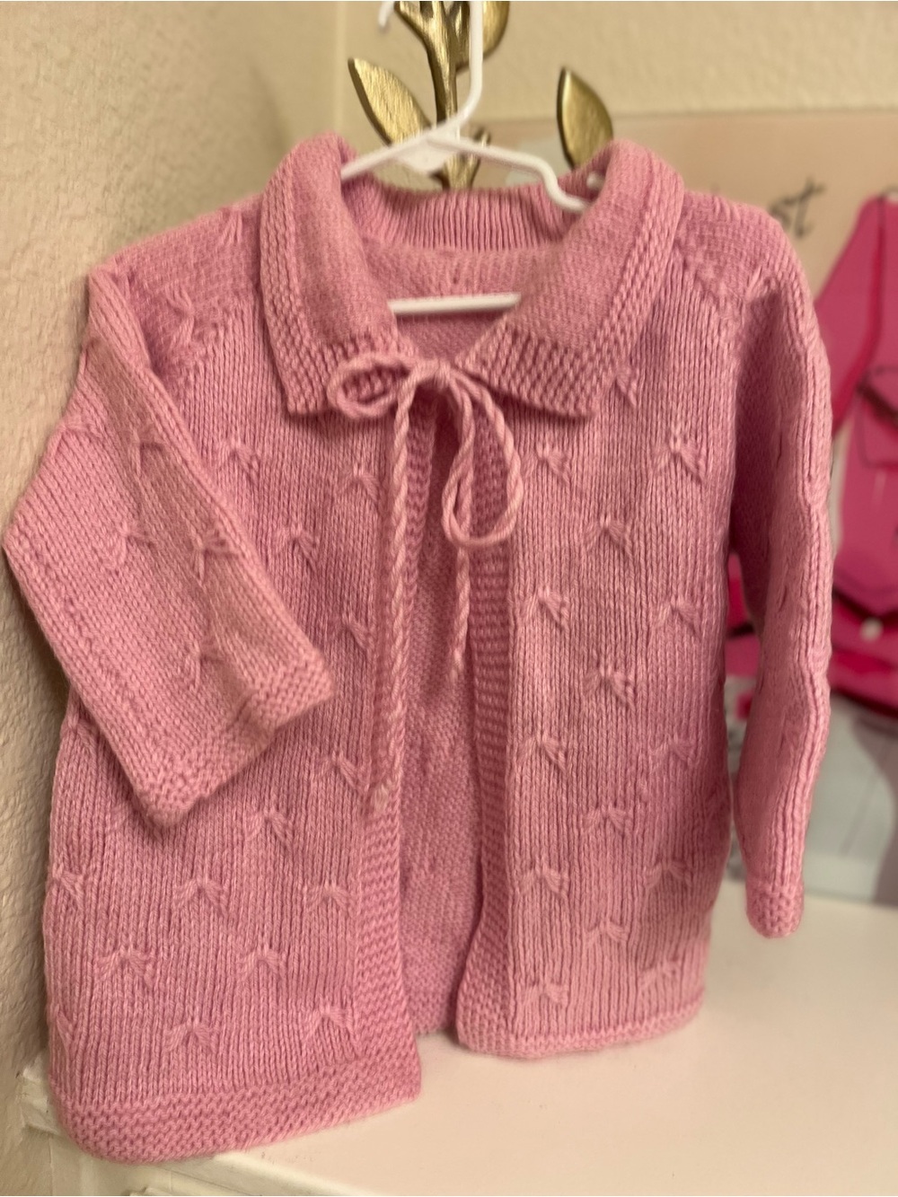 Handmade Girls' Pink Knit Cardigan with Bow Tie Collar - Approx. Size 3T/4T